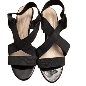 Andrew Geller Black Y2K Elastic Strappy Wedge Sandals Sz 6 2.5" Heel 2000s